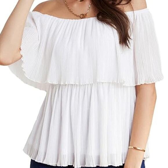 Express Pleated Sheer Off The Shoulder Peplum Top Pearl White Womens Medium - Picture 1 of 8